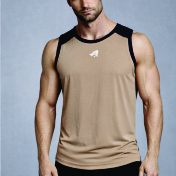 Men Solid Slim Fit Scoop Neck Sports Innerwear Vest with RHYNOMAX COOL+ (Sand Brown)