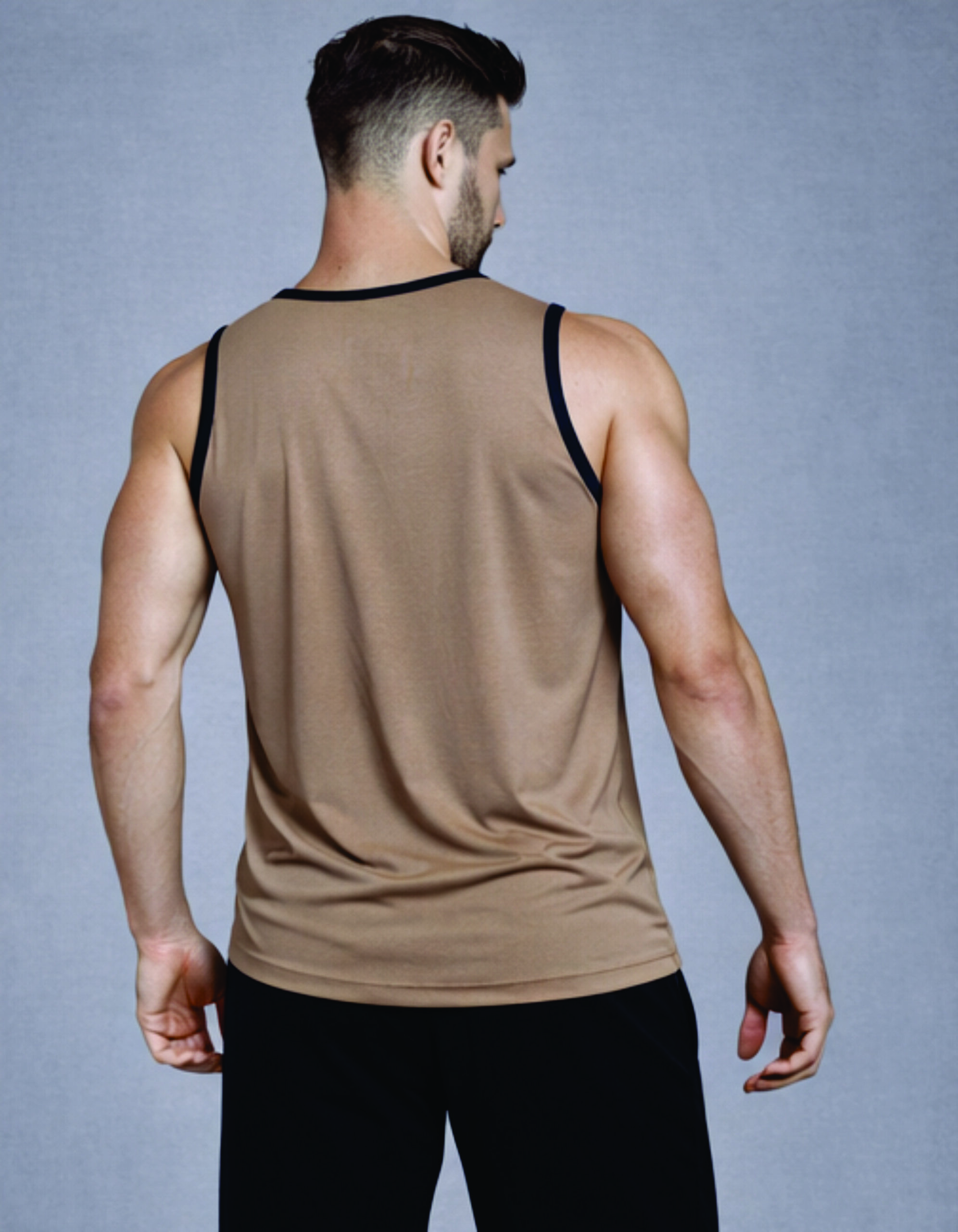 Second image of Men Solid Slim Fit Scoop Neck Sports Innerwear Vest with RHYNOMAX COOL+ (Sand Brown)
