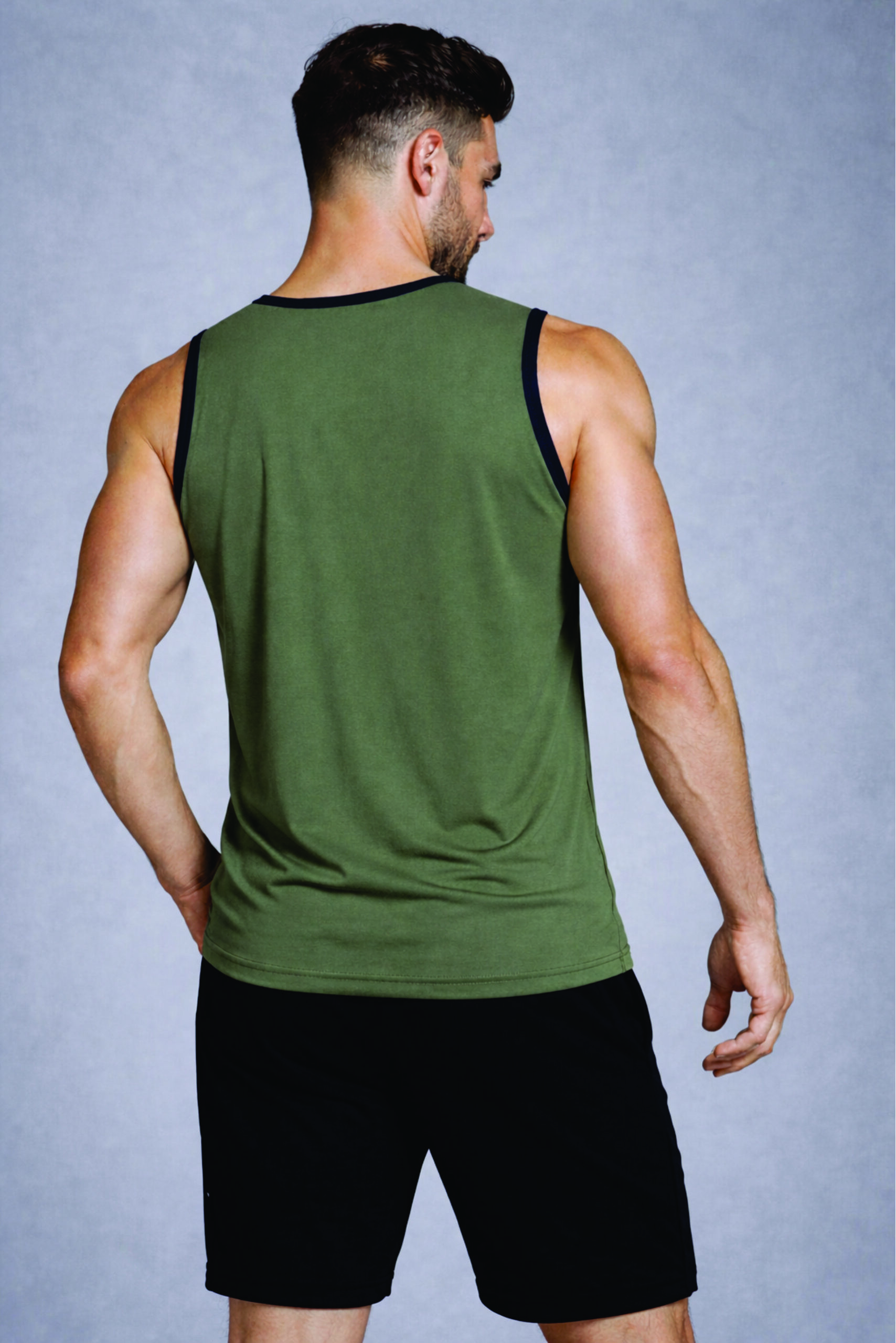 Second image of Men Solid Slim Fit Scoop Neck Sports Innerwear Vest with RHYNOMAX COOL+ (Military Olive)