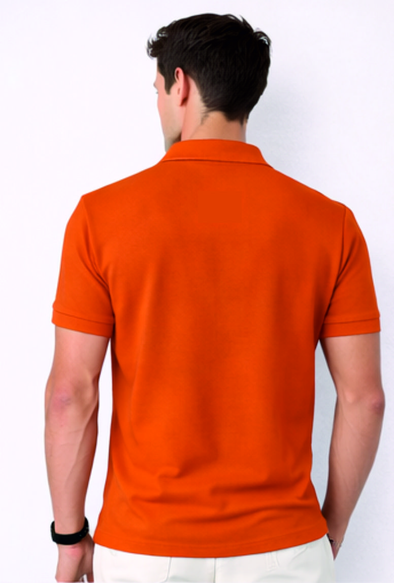 Second image of Men Solid Slim Fit Polo T-shirt with COTFLEX (Orange)