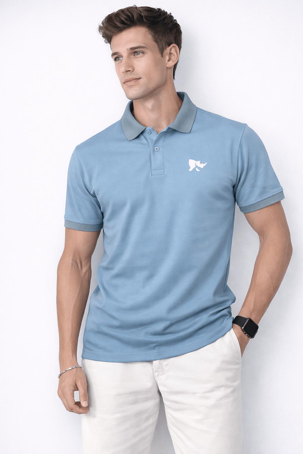 Men Solid Slim Fit Polo T-shirt with COTFLEX (Sky Blue)