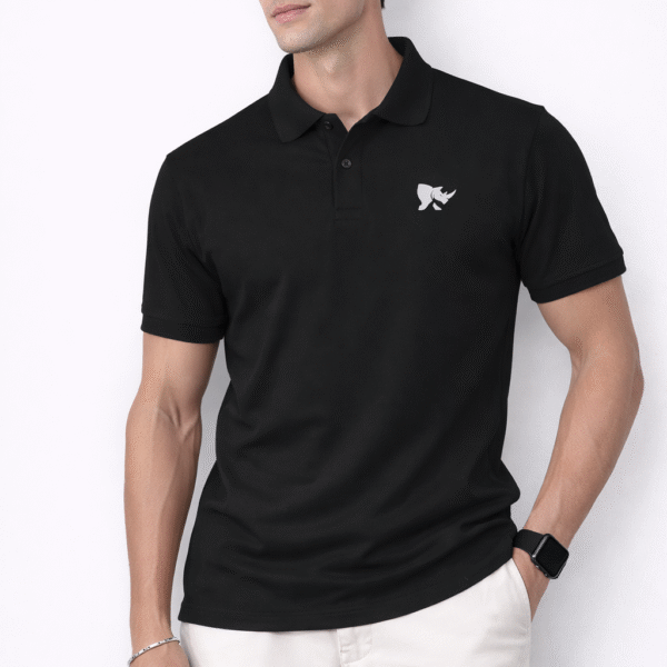 Men Solid Slim Fit Polo T-shirt with COTFLEX (Black)