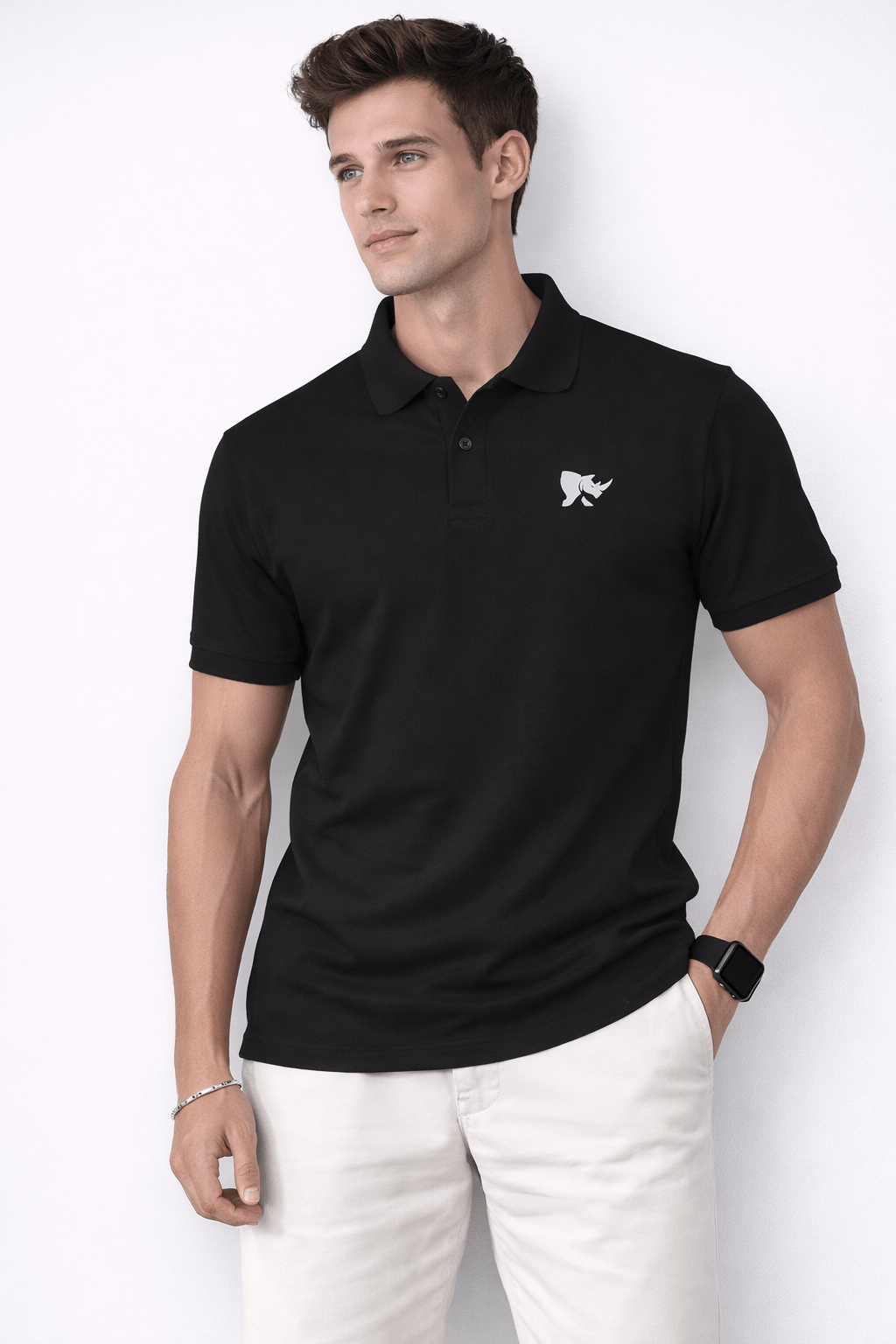 Men Solid Slim Fit Polo T-shirt with COTFLEX (Black)
