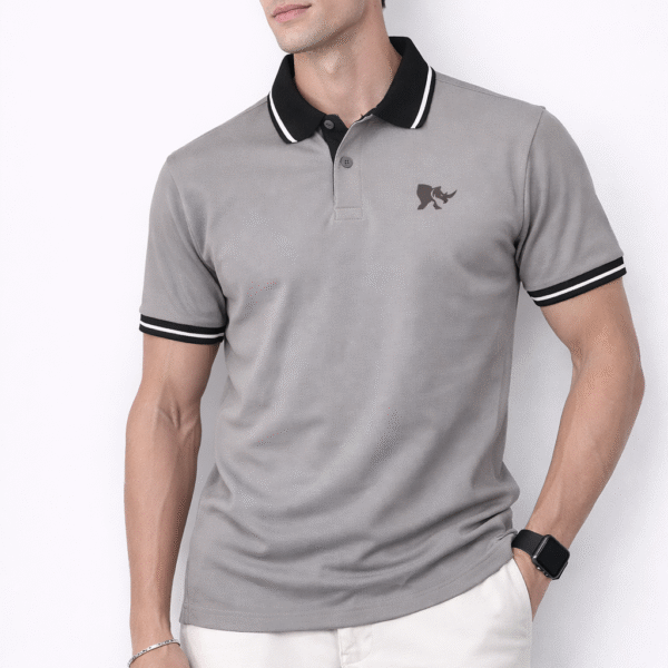 Men Designer Collar Slim Fit Polo T-shirt with COTFLEX (Light Grey)