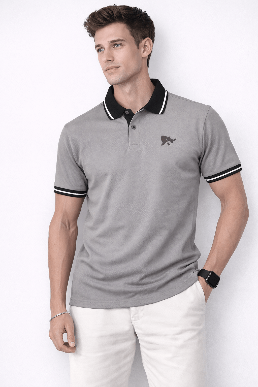 Men Designer Collar Slim Fit Polo T-shirt with COTFLEX (Light Grey)