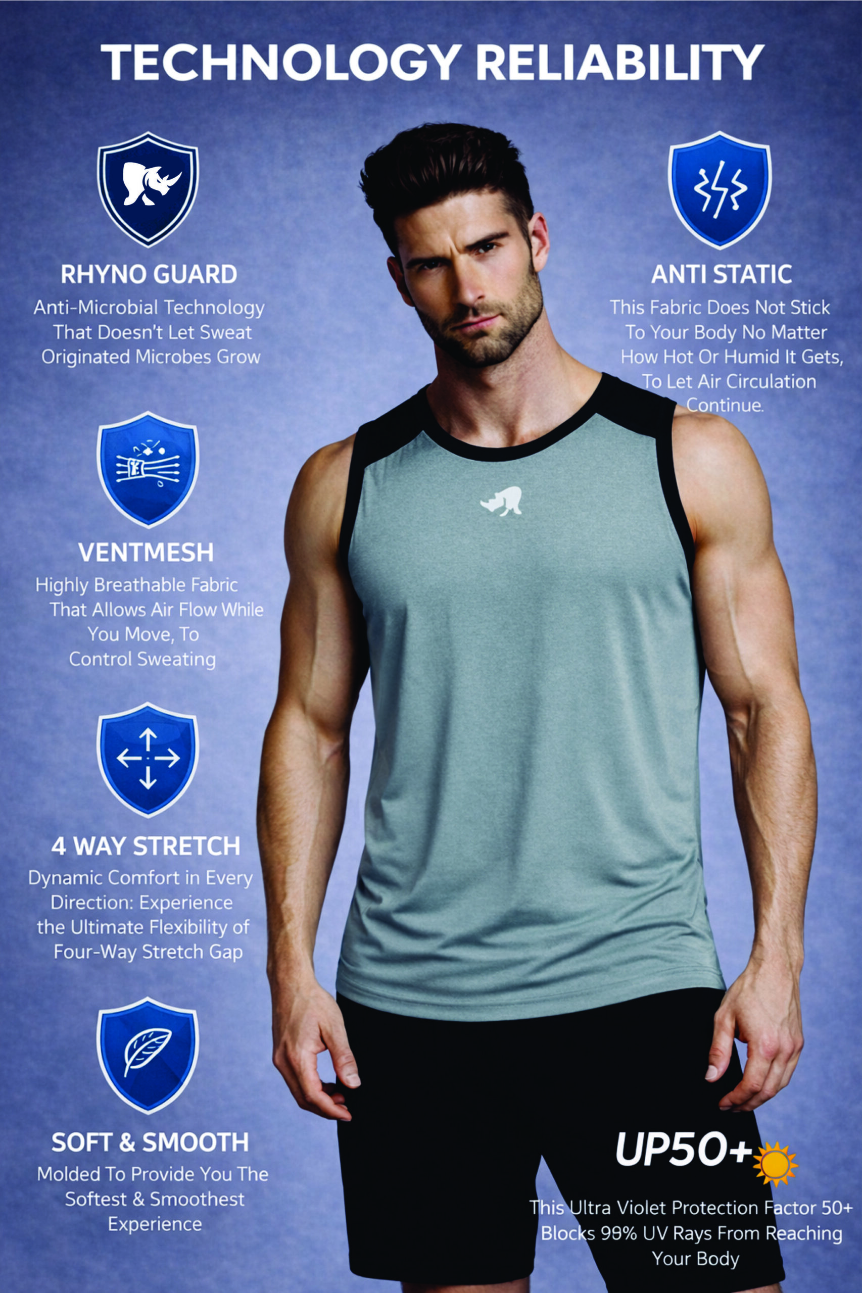 Second image of Men Solid Slim Fit Scoop Neck Sports Innerwear Vest with RHYNOMAX COOL+ (Muted Teal)